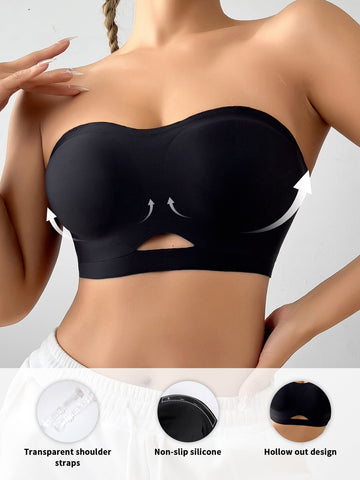 Solid Color Seamless Cutout Sexy Strapless Push-Up Bra Black