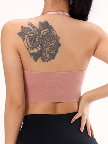 Sexy Deep V Low Back Hanging Neck Yoga Bra Pink