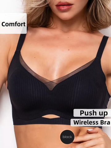 One-piece Seamless Push-up Breathable Mesh Wireless Bra Black