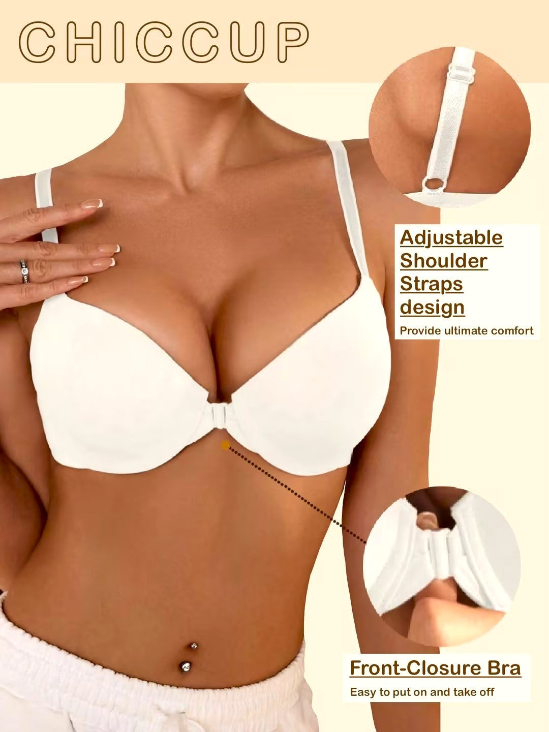 Front Closure Solid Color Adjustable Strap Underwire Bra White