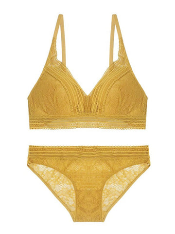 Semi-sheer Lace Scoop Bras, Comfort Wireless Everyday Bra Set Yellow