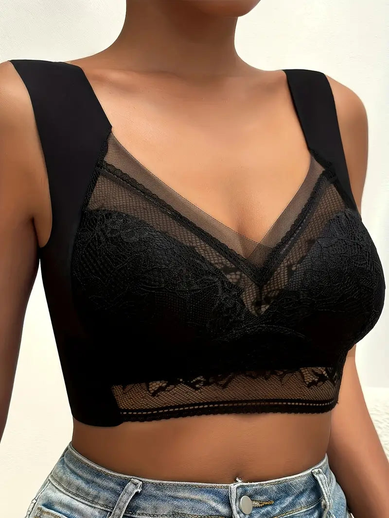 Contrast Lace Wireless Bra, Soft & Comfortable Tank Bra, Women's Lingerie & Underwear Black