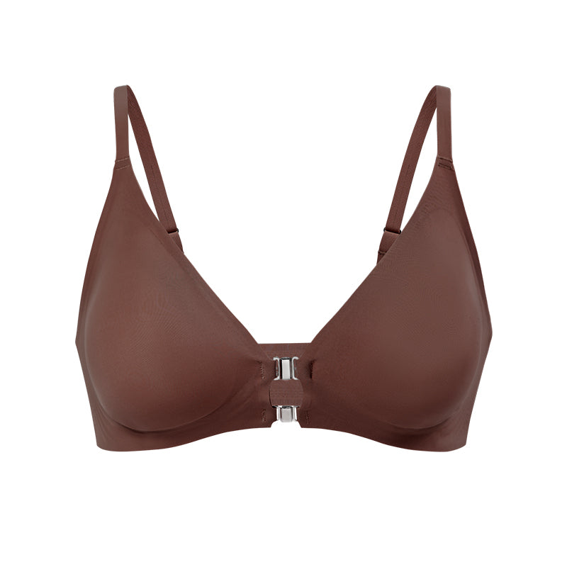 Solid Double Front Closures Wireless Bra Brown