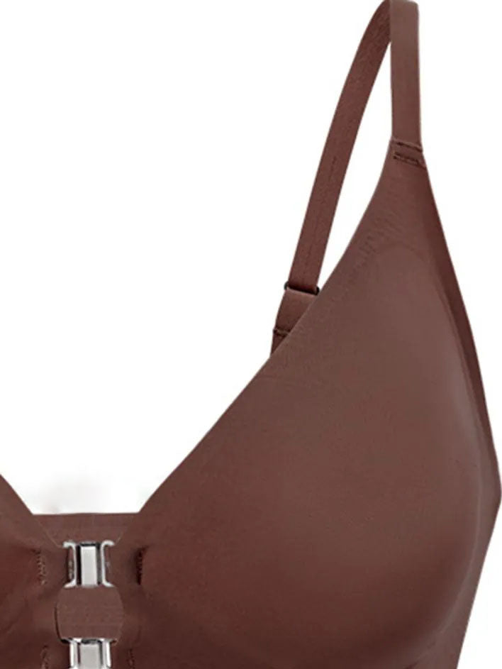 Solid Double Front Closures Wireless Bra Brown