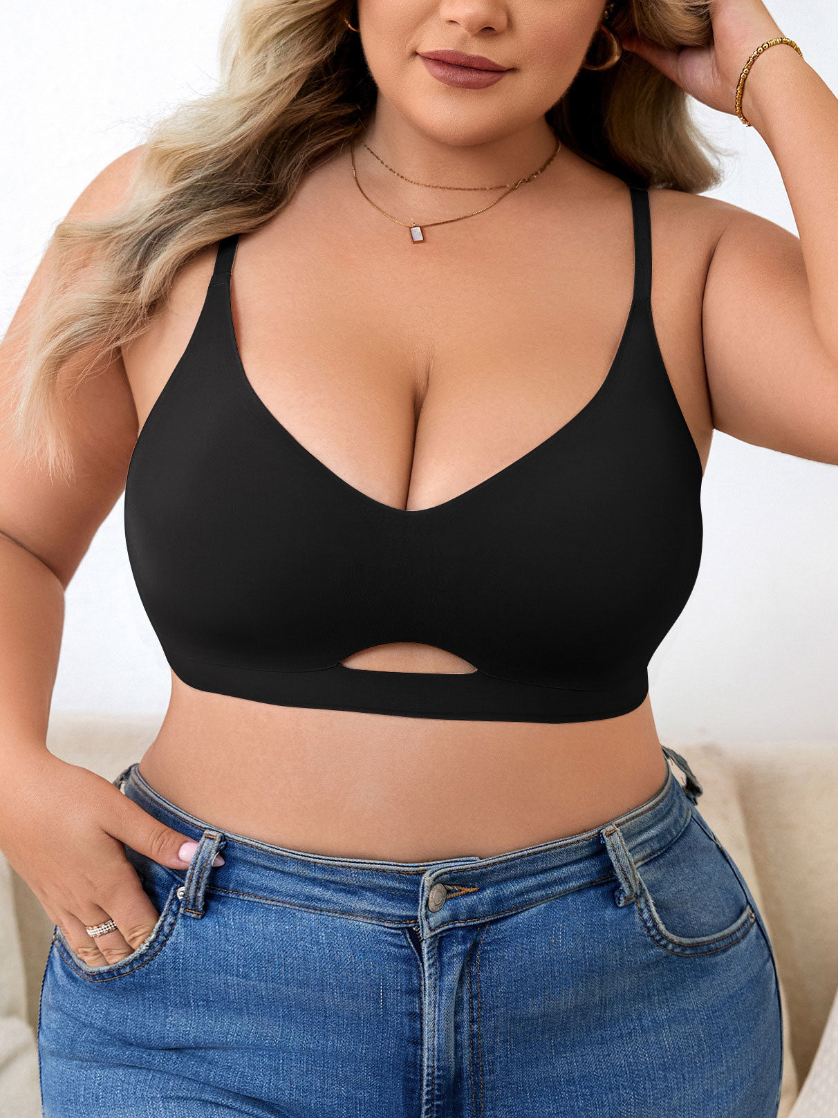 Plus Size Simple Seamless Hollow Out Wireless BH Schwarz