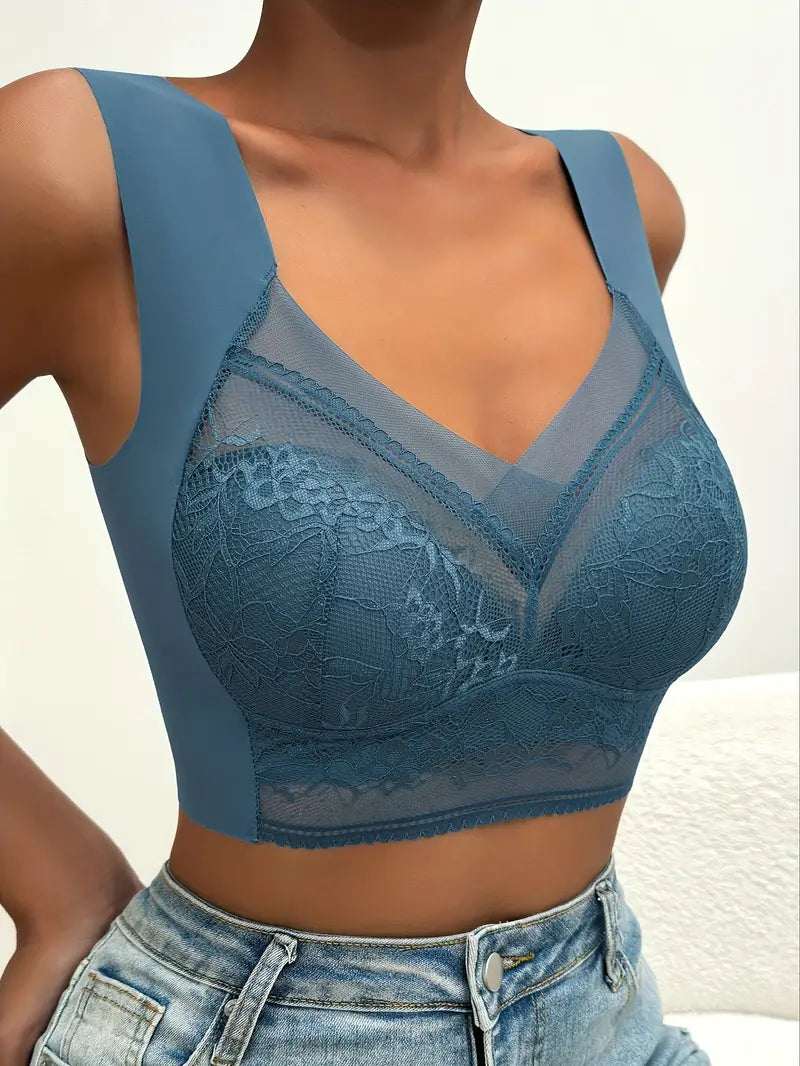 Bügelloser BH mit Kontrastspitze, weicher und bequemer Tank-BH, Damen-Dessous und Unterwäsche, Blau