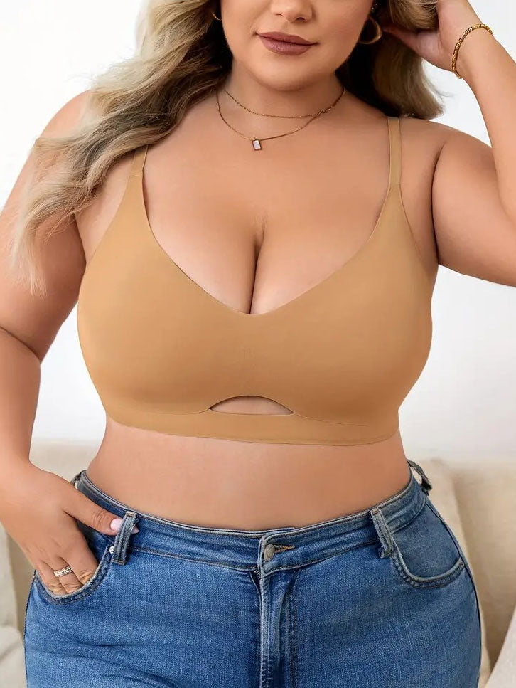 Plus Size Simple Seamless Hollow Out Wireless BH Tan