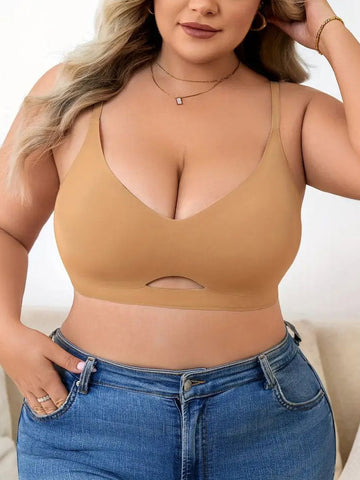 Plus Size Simple Seamless Hollow Out Wireless Bra Tan