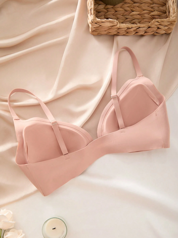 Comfortable Adjustable Straps Deep V Front Button Solid Color Wireless Bra Pink