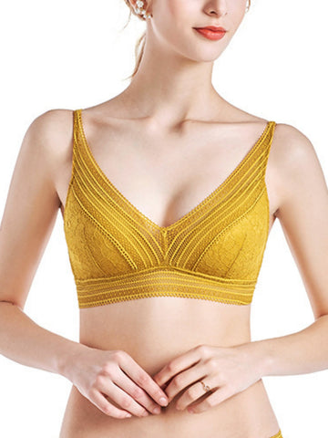 Semi-sheer Lace Scoop Bras, Comfort Wireless Everyday Bra Set Yellow