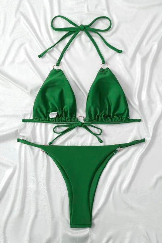 Ring Linked Halter Bikini For Summer Beach - Green