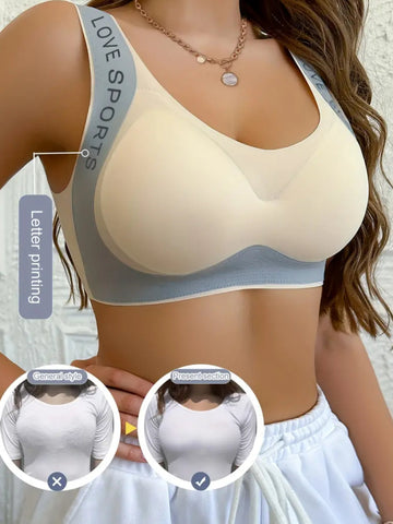 Letter Print Wide Strap Comfy & Breathable Seamless Push Up Bra Beige