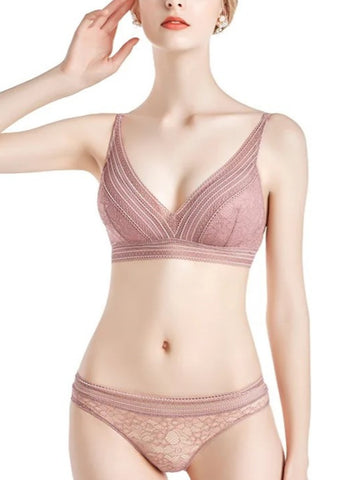 Semi-sheer Lace Scoop Bras, Comfort Wireless Everyday Bra Set Pink