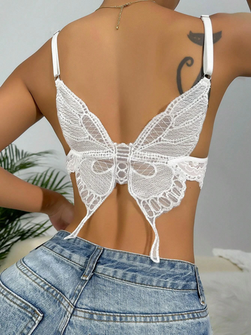 Bralette de encaje con lazo en la parte delantera y detalle en forma de mariposa, color blanco