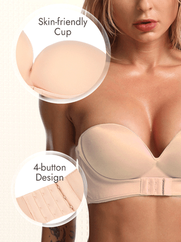 Strapless Invisible Push-up Front Buckle Non-Slip Wireless Lift Bra Beige