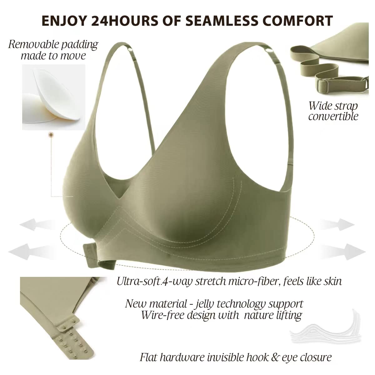 Wirefree Seamless Bra for Women Invisible Deep V Plunge Bra with Removeable Padding Green