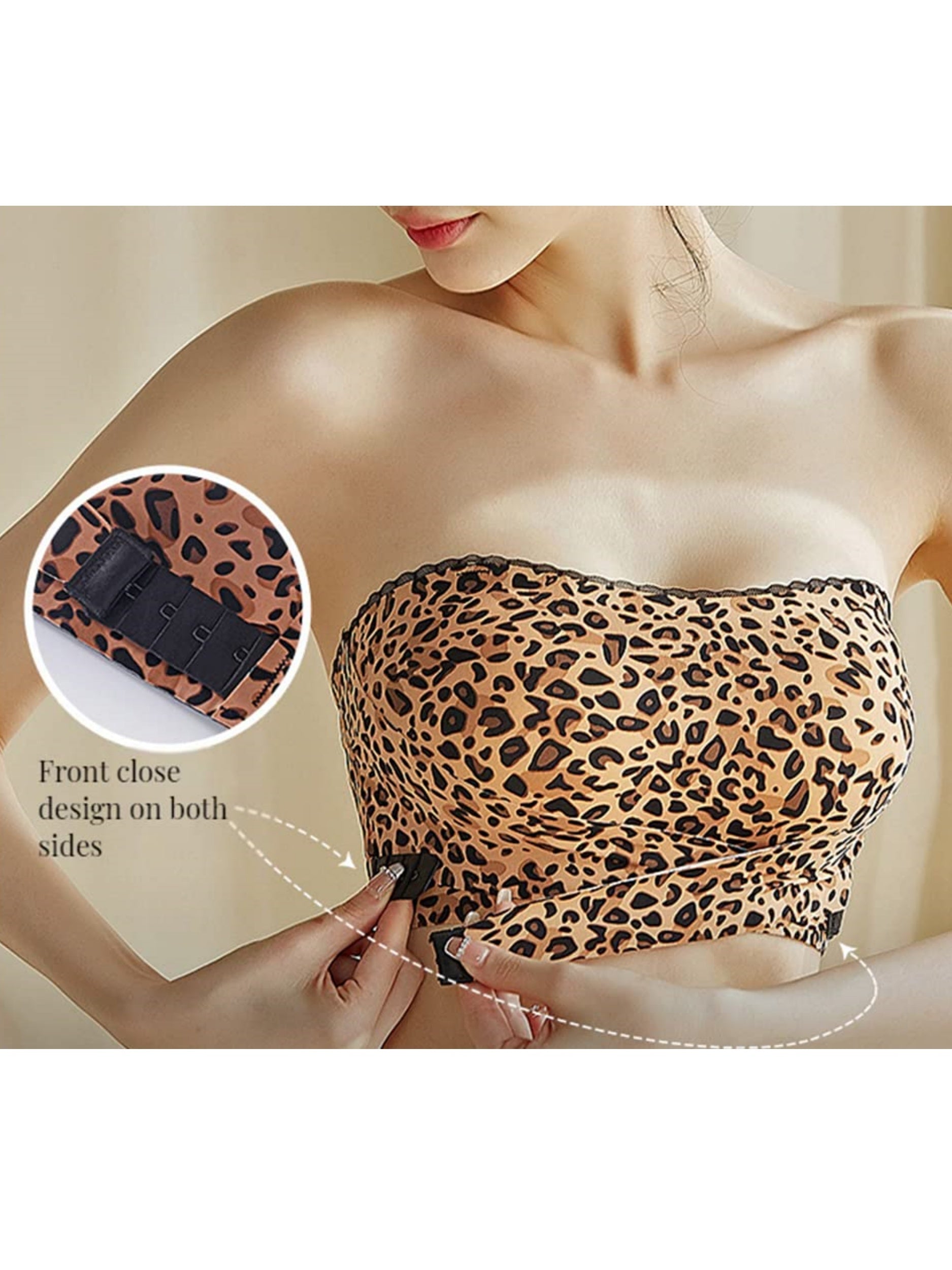 Sujetador push up bandeau sin tirantes, antideslizante, con cierre frontal, sin aros y estampado de leopardo