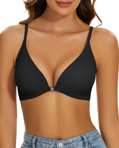 Comfortable Adjustable Straps Deep V Front Button Solid Color Wireless Bra Black