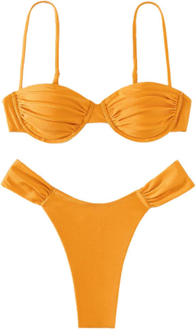 Traje de baño de triángulo plisado con cuello halter para playa - Amarillo