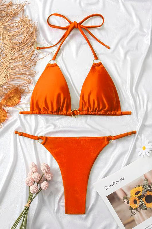 Neckholder-Bikini mit Ringverknüpfung für den Sommerstrand - Orange