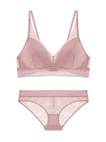 Semi-sheer Lace Scoop Bras, Comfort Wireless Everyday Bra Set Pink