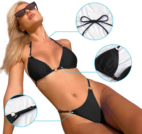 Bikini con aros y cuello halter para playa en verano - Negro