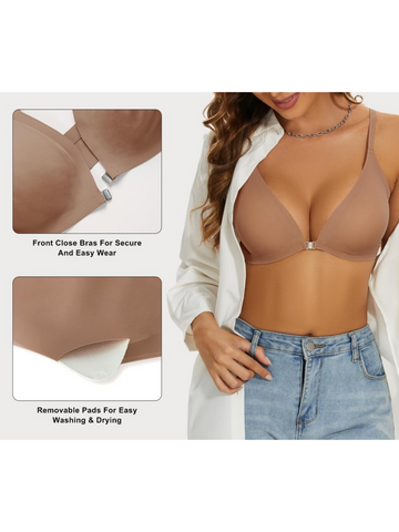 Comfortable Adjustable Straps Deep V Front Button Solid Color Wireless Bra Milkcoffee