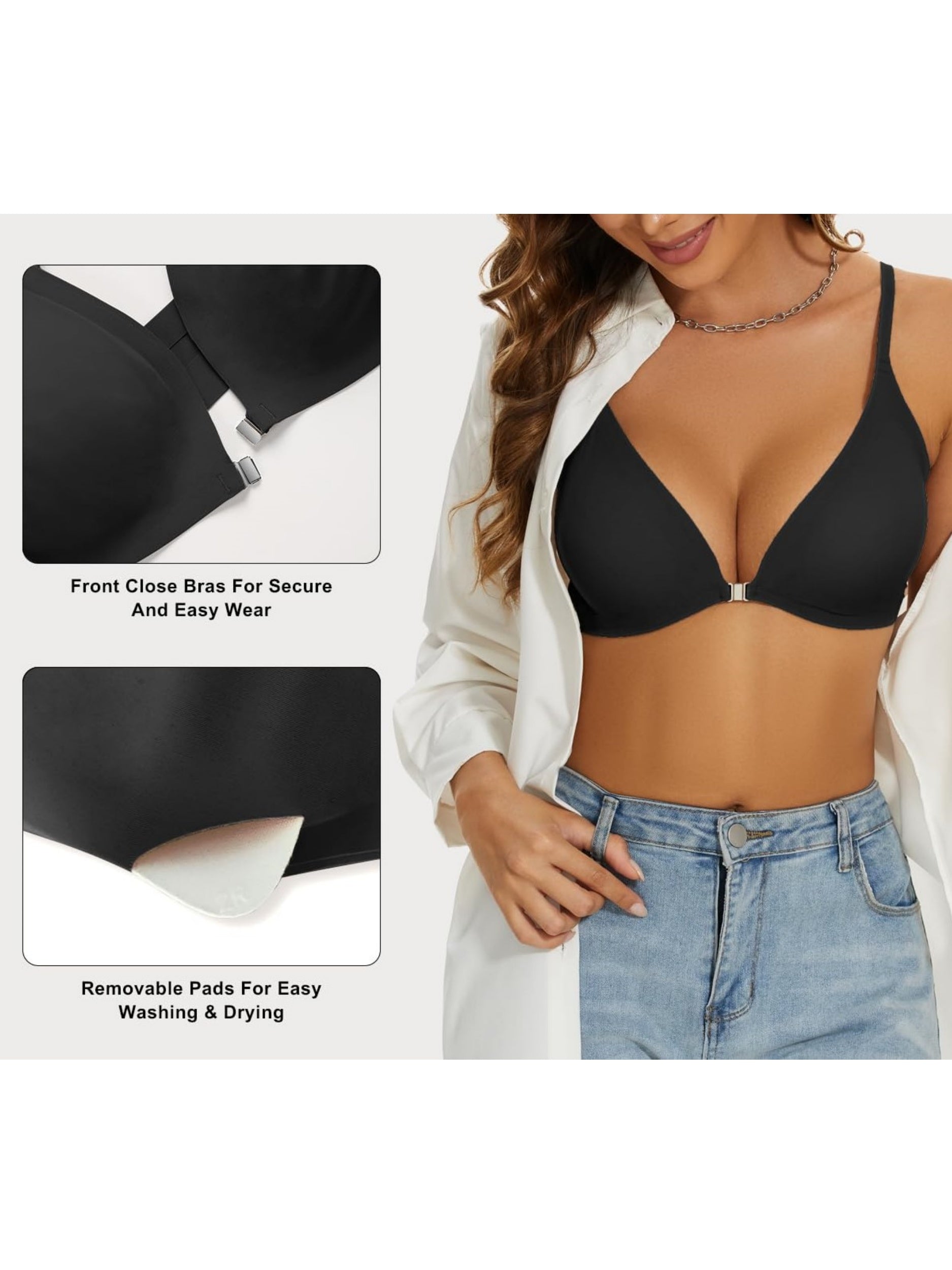 Comfortable Adjustable Straps Deep V Front Button Solid Color Wireless Bra Black