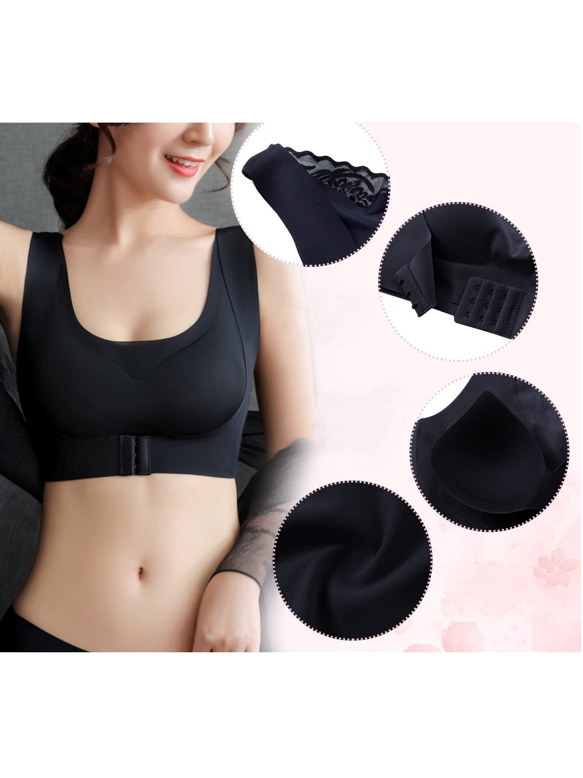 Front Closure Lace Seamless Wireless Bra Padded, Non-Slip, Beautiful Back, Large Sizes Black