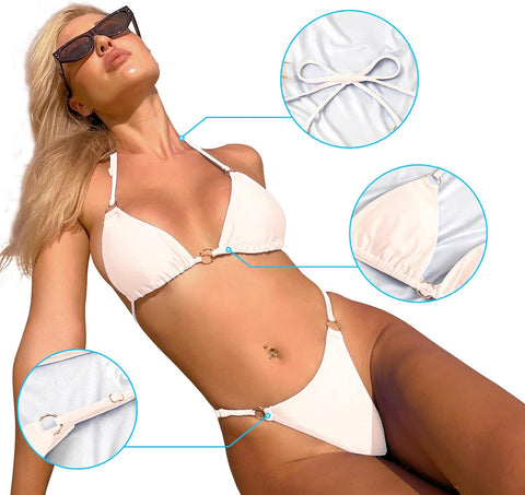 Neckholder-Bikini mit Ringverknüpfung für den Sommerstrand - Weiß