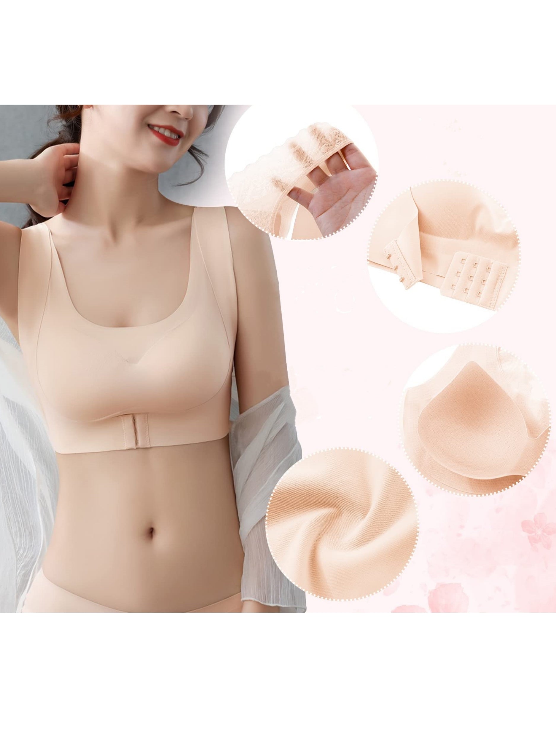 Front Closure Lace Seamless Wireless Bra Padded, Non-Slip, Beautiful Back, Large Sizes Ivory