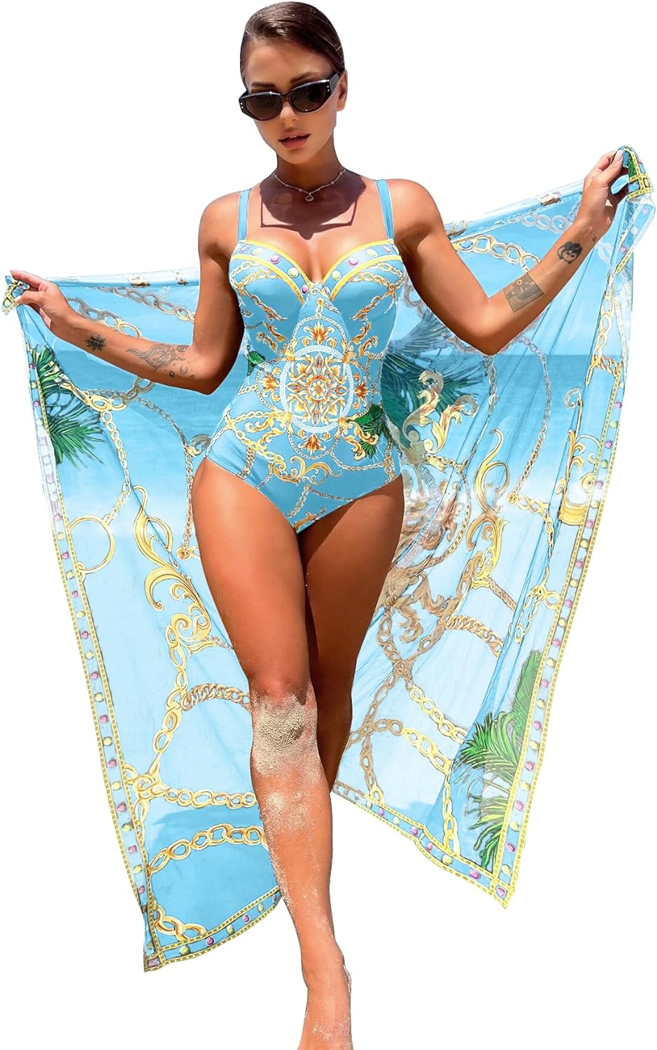 One Piece Swimsuit Women with Beach Cover Up Wrap Skirt Set