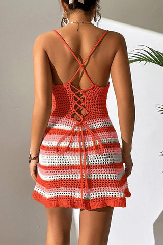 Knitted Spaghetti Strap Striped Hollow Dress