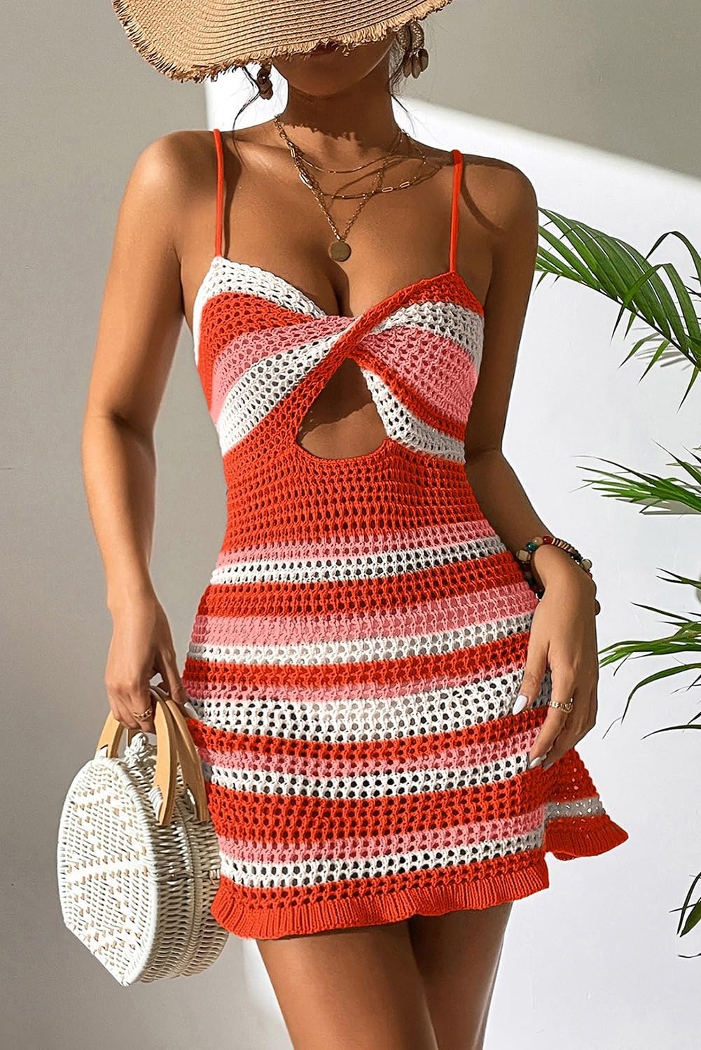 Knitted Spaghetti Strap Striped Hollow Dress