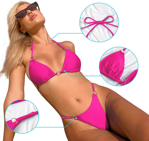 Neckholder-Bikini mit Ringverkettung für den Sommerstrand - Rosé