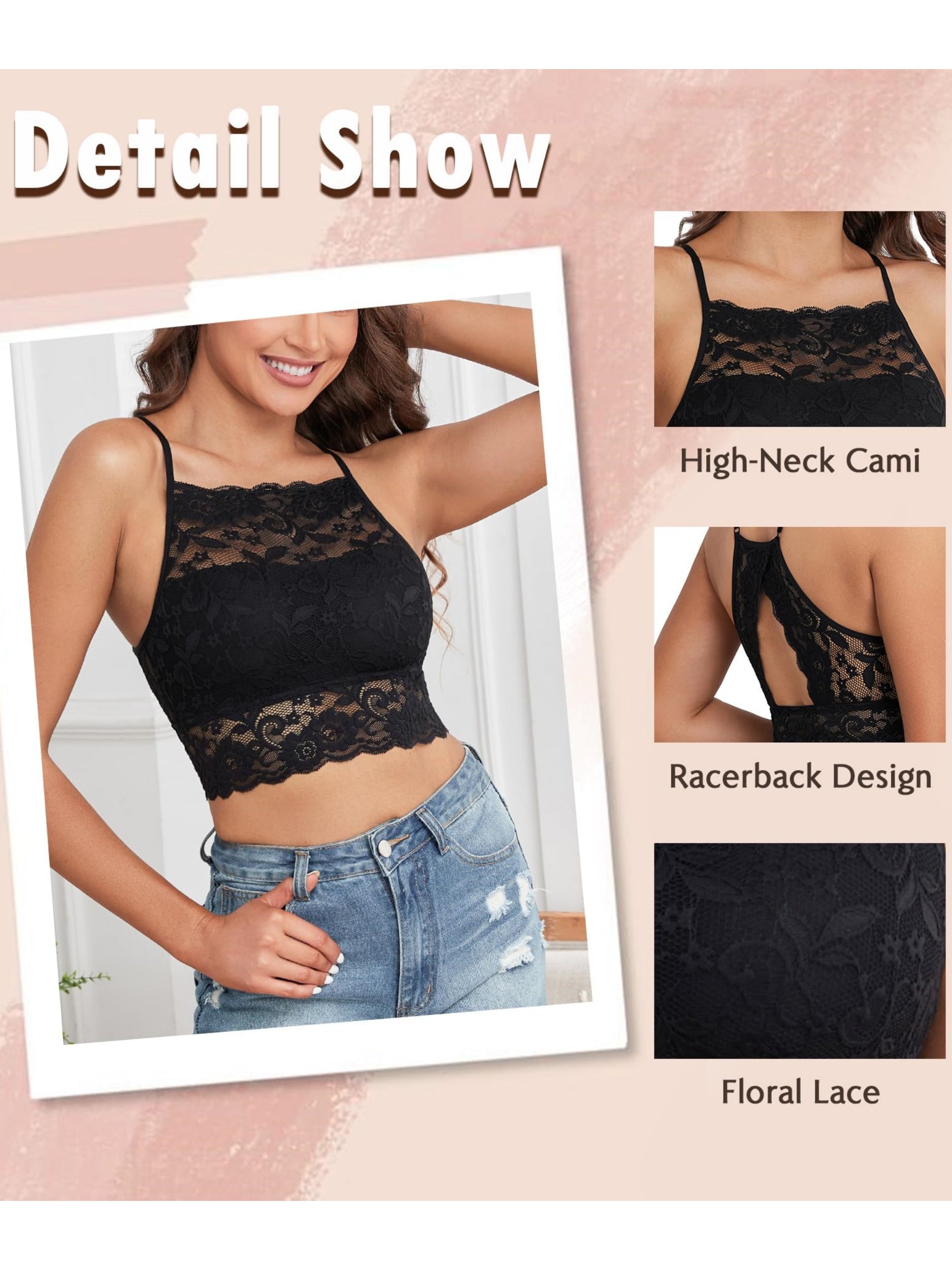 Sexy Lace Crop Double Layered Wireless High-Neck Bra