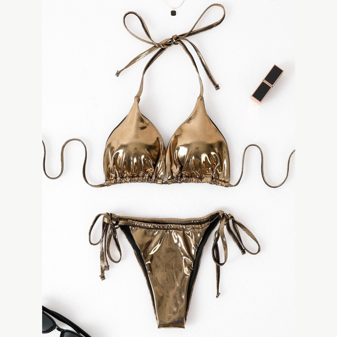 Gold Metallic Three Piece Bikini Set With Cover Up