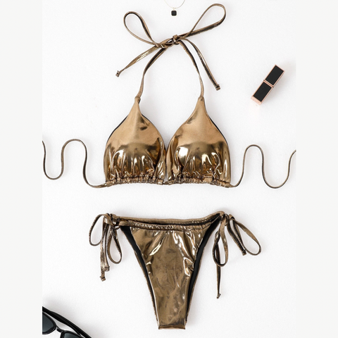 Gold Metallic Three Piece Bikini Set With Cover Up
