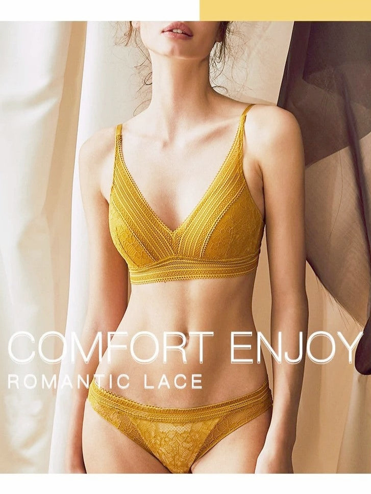 Semi-sheer Lace Scoop Bras, Comfort Wireless Everyday Bra Set Yellow