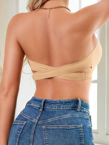 Sujetador bandeau informal con botones laterales sencillos y sin costuras para mujer, color beige