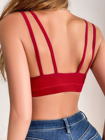 Simple Solid Color Comfort & Breathable Double Strap V-neck Wireless Bra Red