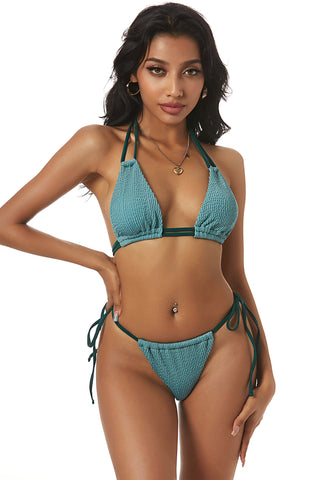 Traje de baño de bikini con tiras y escote halter arrugado - Verde