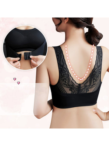 Front Closure Lace Seamless Wireless Bra Padded, Non-Slip, Beautiful Back, Large Sizes Black