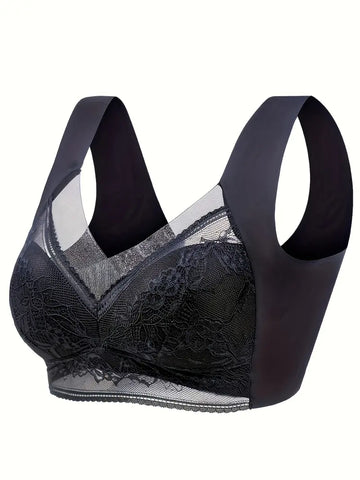 Contrast Lace Wireless Bra, Soft & Comfortable Tank Bra, Women's Lingerie & Underwear Black