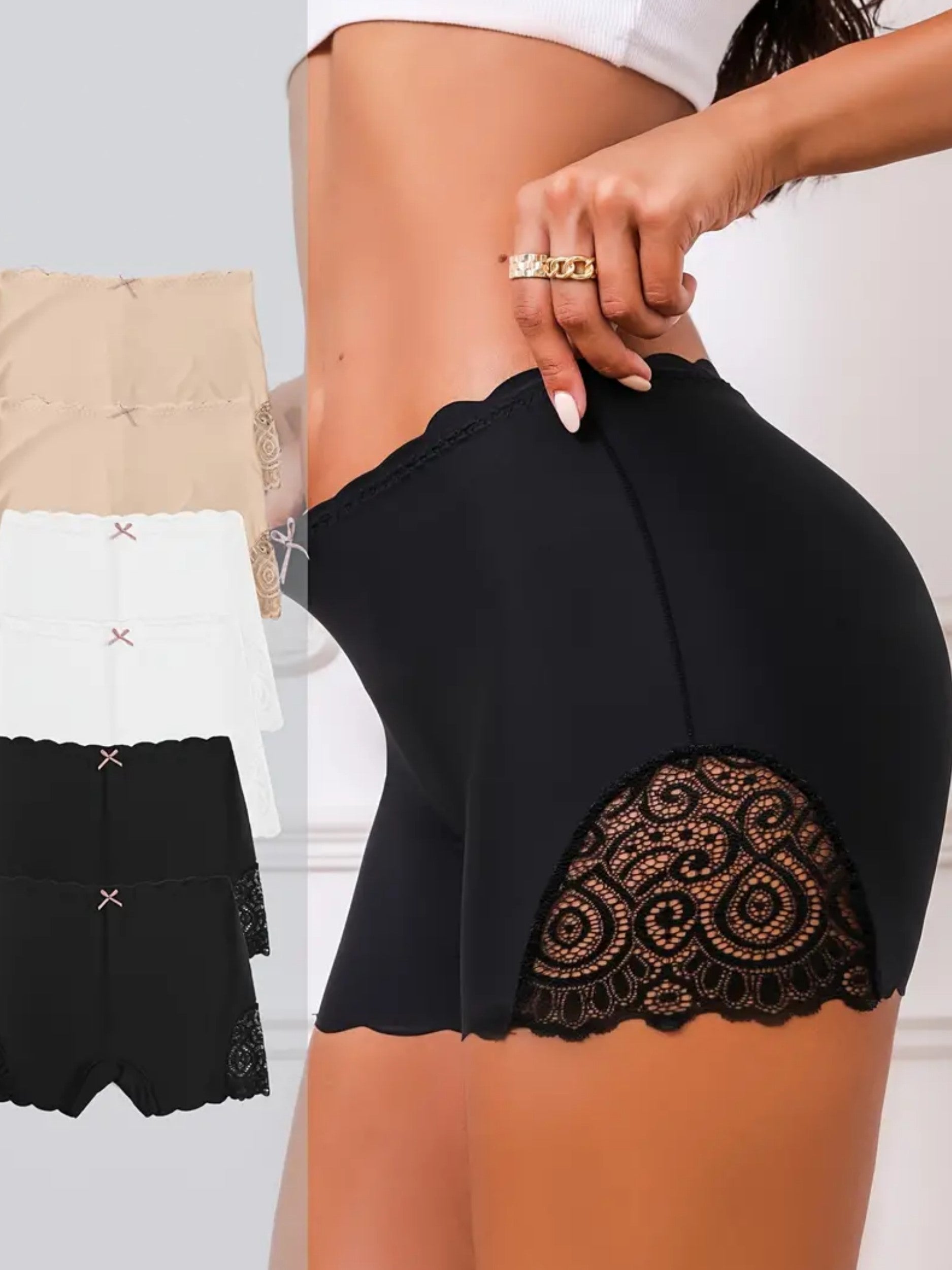 Weiches und bequemes Boyshort-Höschen mit kontrastierender Spitze und Muschelsaum