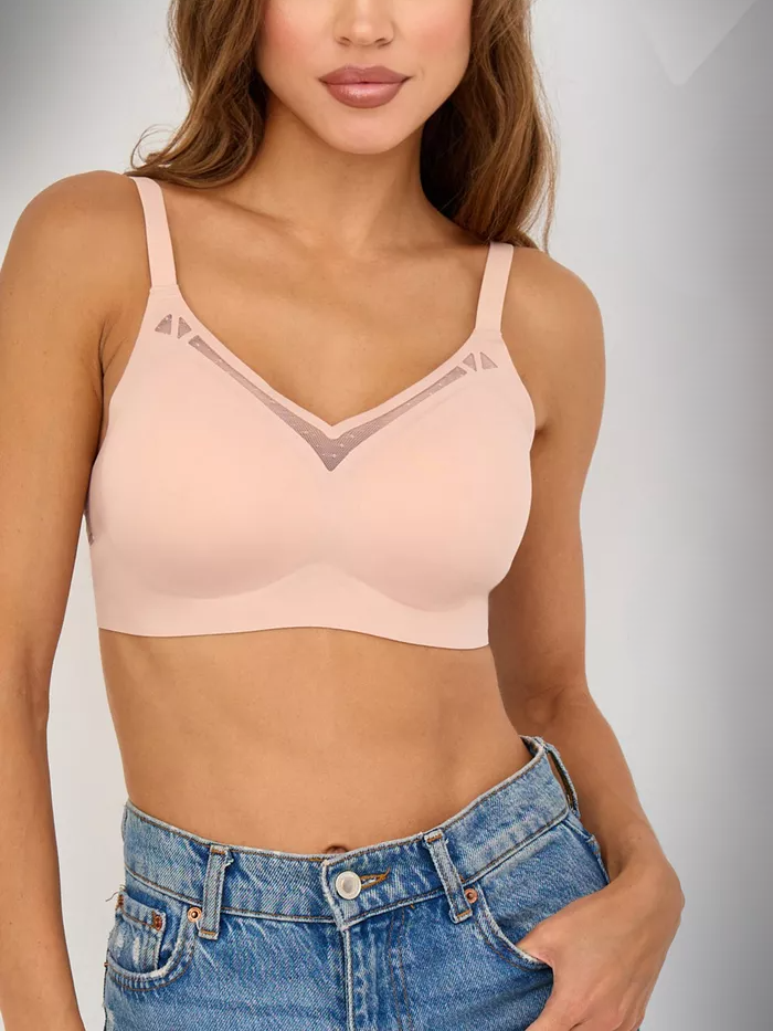 Hermoso sujetador push-up con espalda que no se cae y sin costuras en los laterales, color rosa