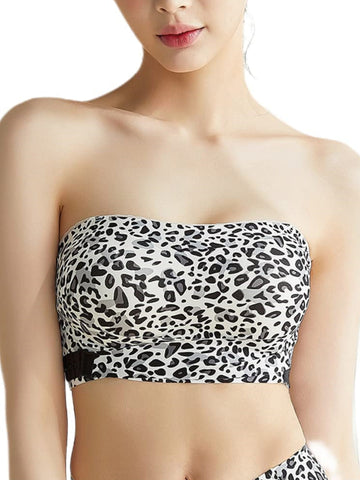 Sujetador push up bandeau sin tirantes, antideslizante, con cierre frontal, sin aros y estampado de leopardo