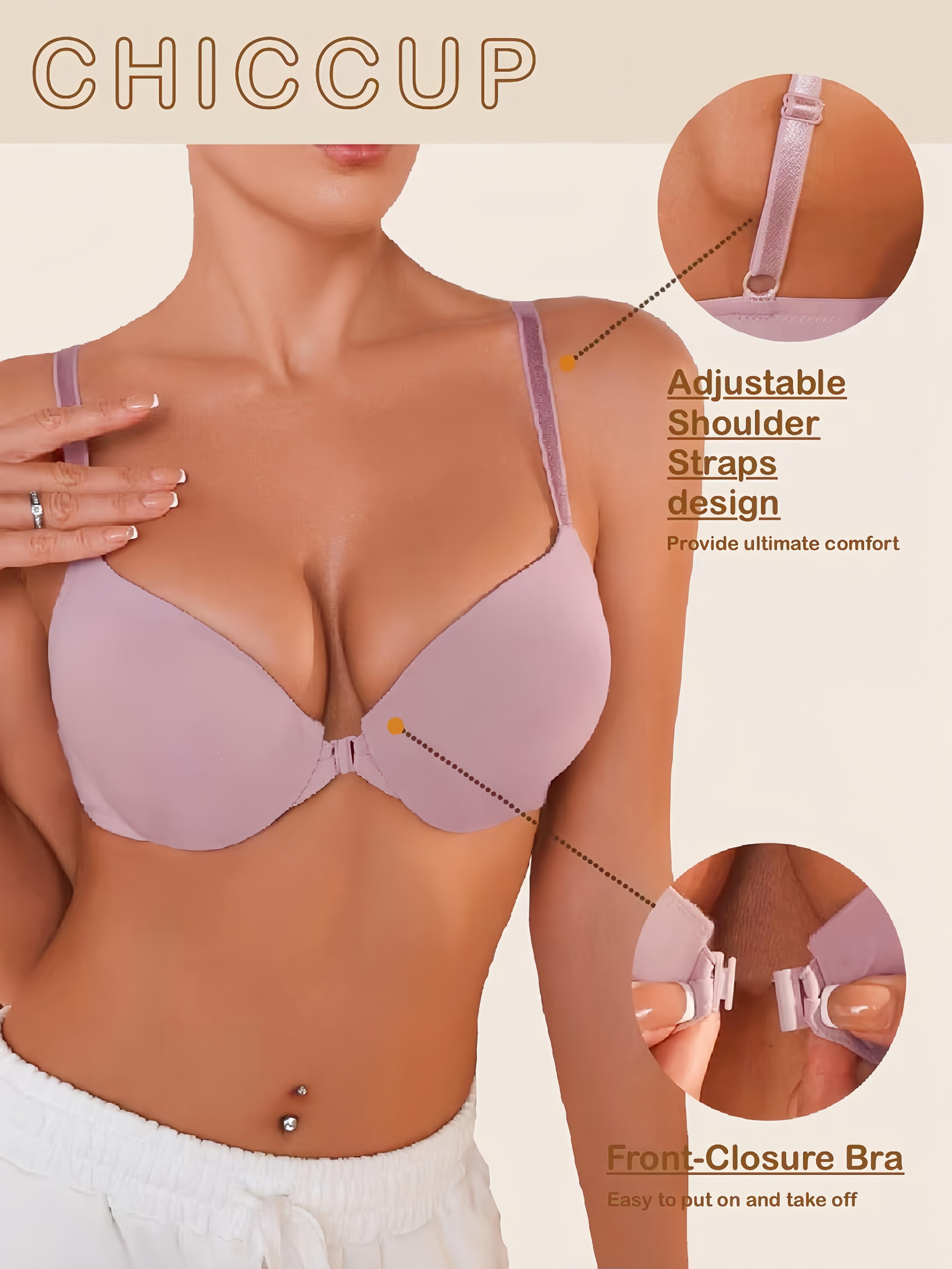 Front Closure Solid Color Adjustable Strap Underwire Bra Pink