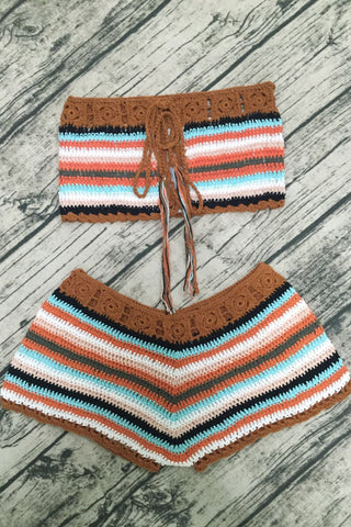 Colorful Striped Two-Piece Suit Knitted Crochet Lace