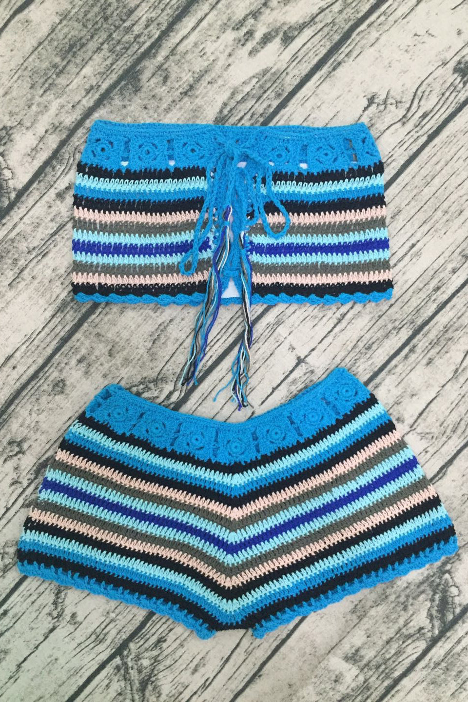 Colorful Striped Two-Piece Suit Knitted Crochet Lace